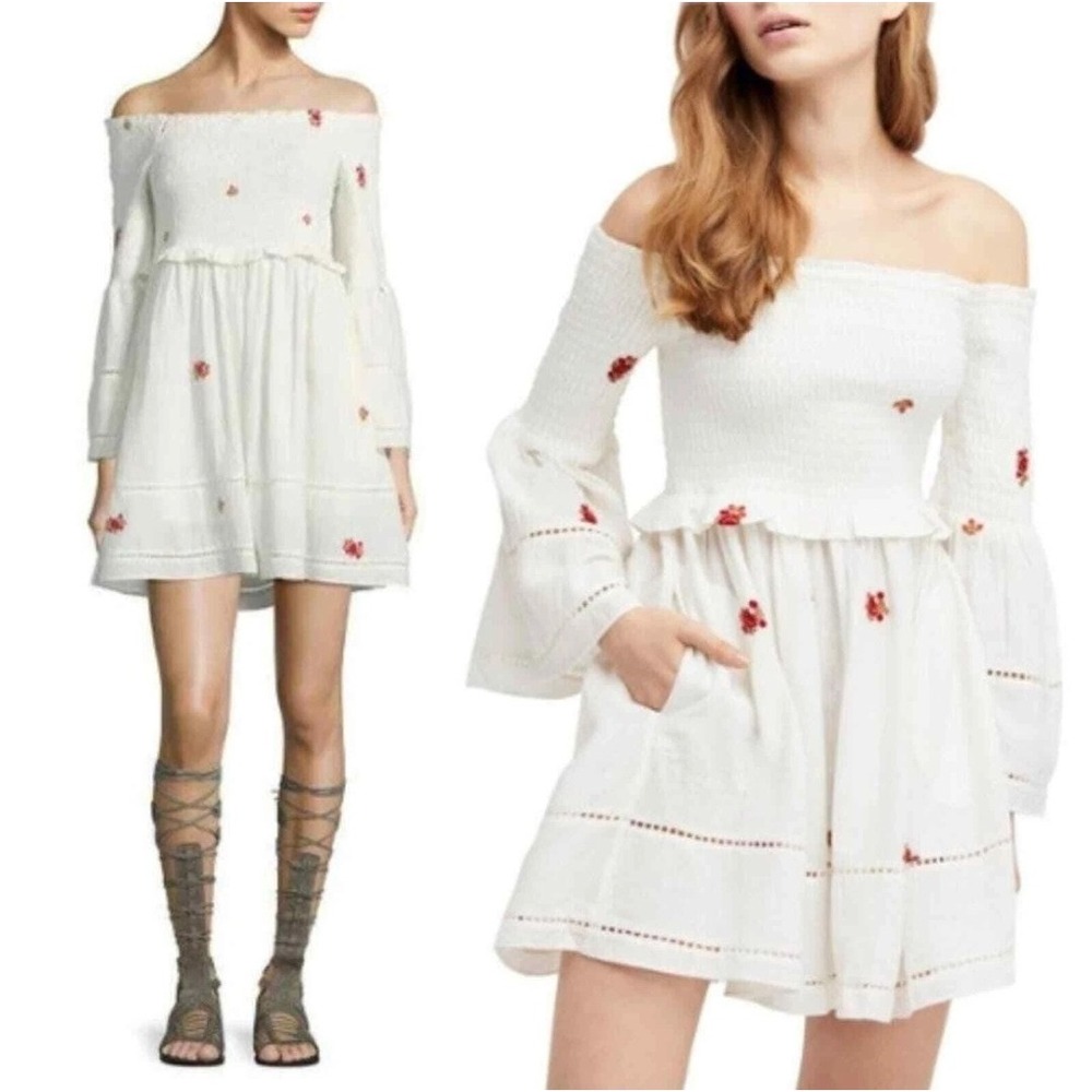 Free People‎ White Counting Daisies Off-The-Shoulder Mini Dress Size M - Picture 2 of 16